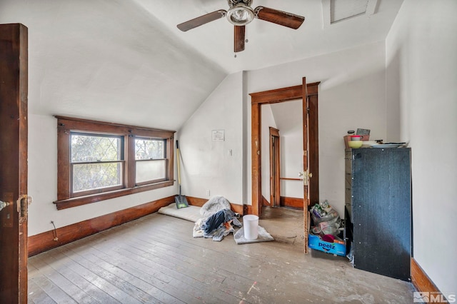 bonus room featuring light hardwood / wood-style flooring, lofted ceiling, and ceiling fan