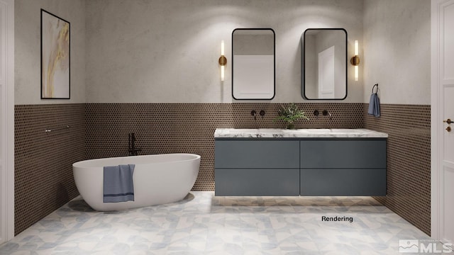 bathroom with vanity, a washtub, and tile walls