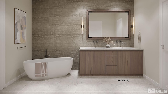 bathroom featuring vanity, a tub, tile patterned floors, and tile walls