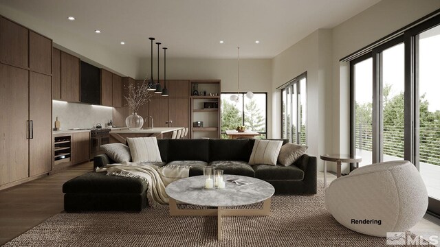 living room featuring hardwood / wood-style flooring and sink