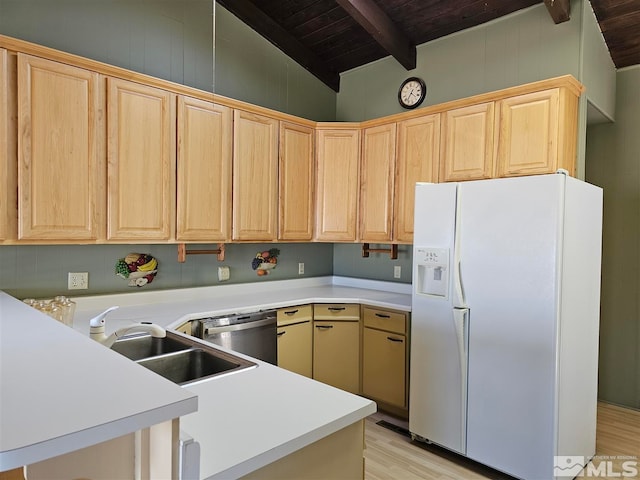 kitchen with light brown cabinets, wooden ceiling, light wood-type flooring, lofted ceiling with beams, and white refrigerator with ice dispenser