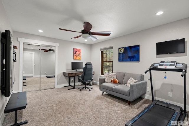 office featuring carpet and ceiling fan