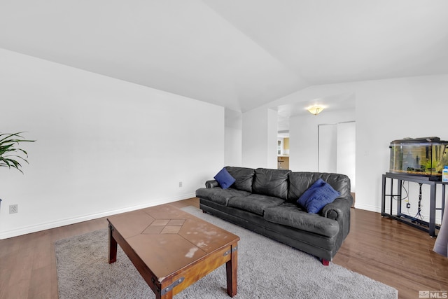 living room featuring wood-type flooring and vaulted ceiling