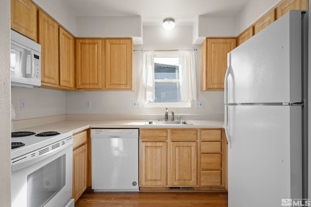 kitchen featuring light brown cabinetry, light wood-type flooring, white appliances, and sink