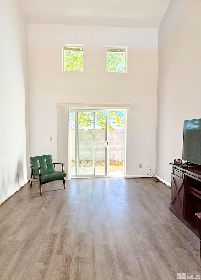 living room featuring light wood-type flooring and a towering ceiling