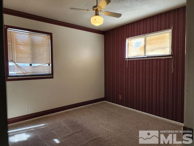 carpeted spare room featuring ceiling fan, a textured ceiling, and crown molding