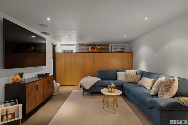 living room featuring light colored carpet