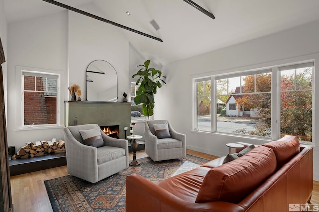 living room with light wood-type flooring and high vaulted ceiling