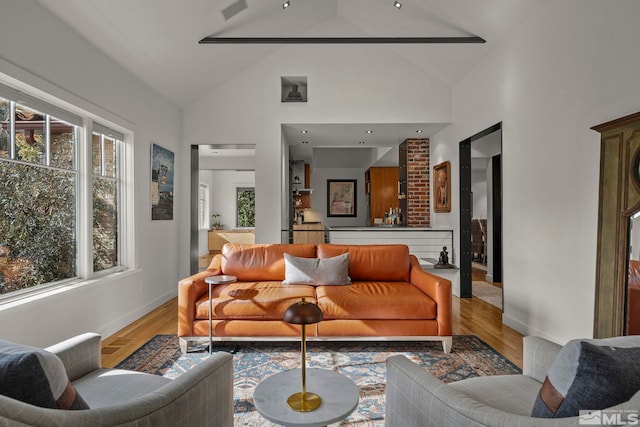 living room featuring high vaulted ceiling and hardwood / wood-style floors