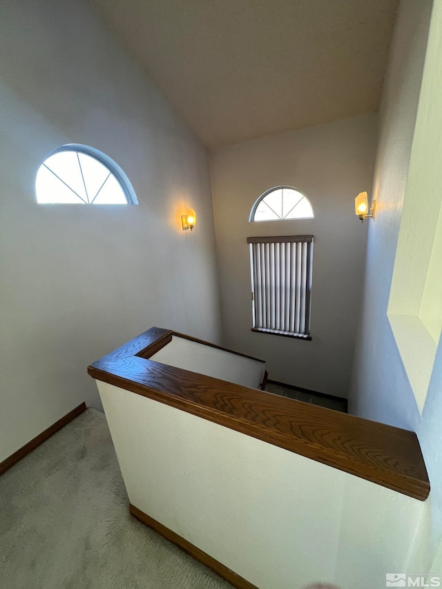 stairs with carpet floors and vaulted ceiling