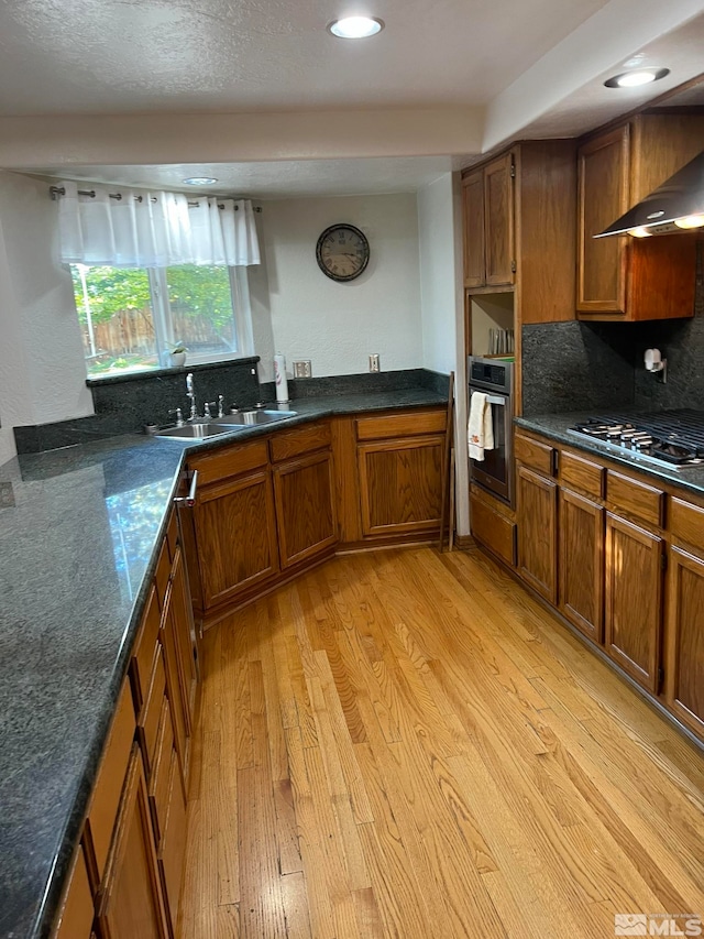 kitchen with sink, light hardwood / wood-style flooring, wall chimney exhaust hood, appliances with stainless steel finishes, and tasteful backsplash