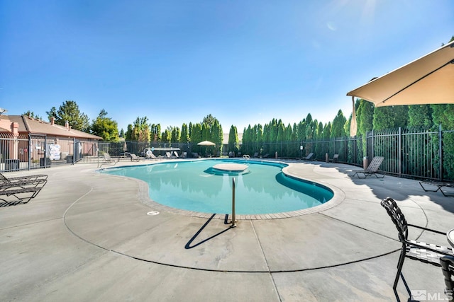 view of swimming pool featuring a patio area