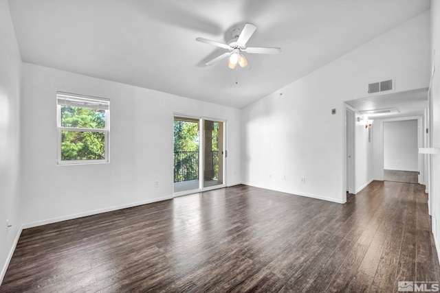 spare room featuring a wealth of natural light, lofted ceiling, and dark wood-type flooring