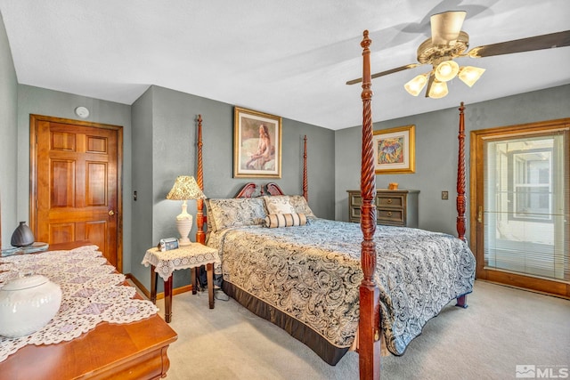 bedroom featuring light carpet and ceiling fan