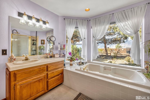 bathroom with vanity and separate shower and tub