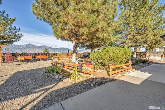 view of yard featuring a mountain view and a patio area