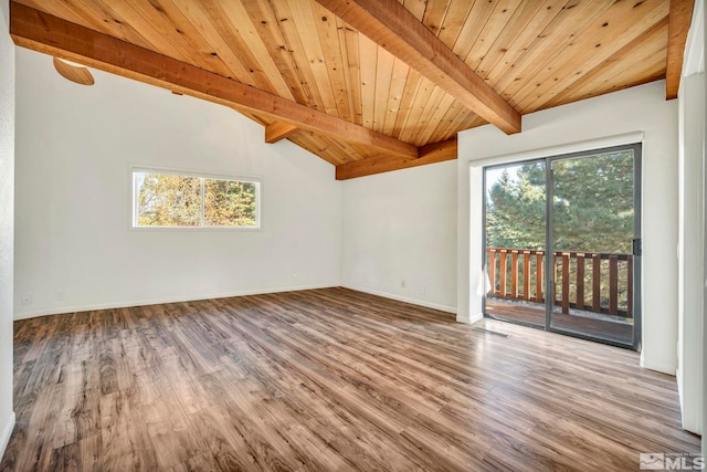 unfurnished living room with hardwood / wood-style floors, wooden ceiling, and vaulted ceiling with beams