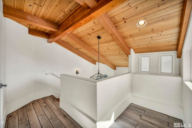 interior space featuring hardwood / wood-style flooring, beamed ceiling, and wood ceiling