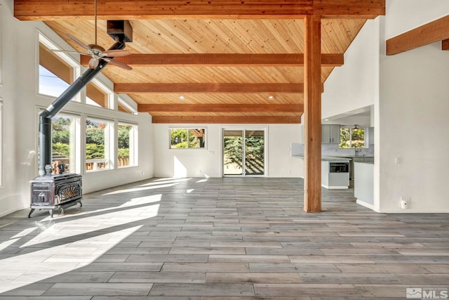 interior space with a wood stove, high vaulted ceiling, light hardwood / wood-style floors, beamed ceiling, and ceiling fan