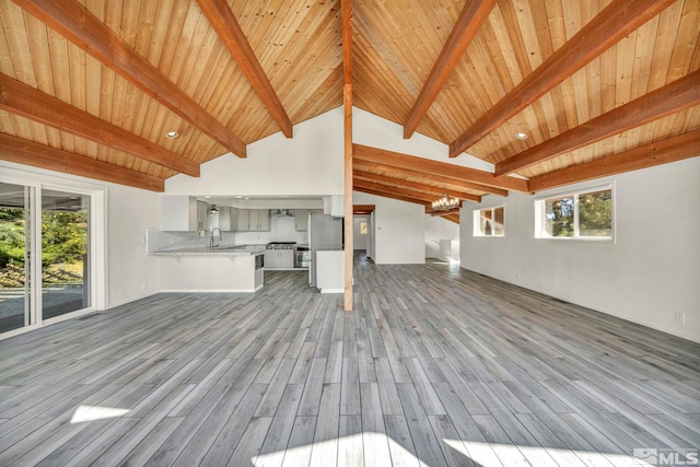 unfurnished living room featuring plenty of natural light, wood-type flooring, vaulted ceiling with beams, and an inviting chandelier