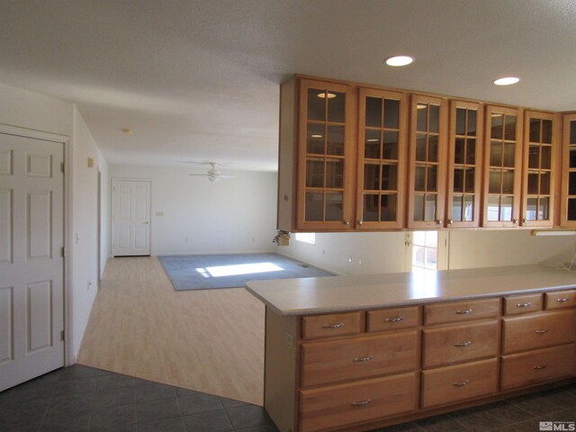 kitchen featuring kitchen peninsula, dark hardwood / wood-style flooring, and ceiling fan