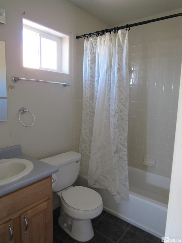 full bathroom featuring toilet, vanity, shower / bath combination with curtain, and tile patterned floors