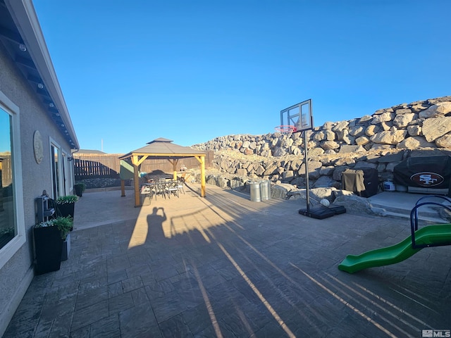 view of patio featuring a gazebo