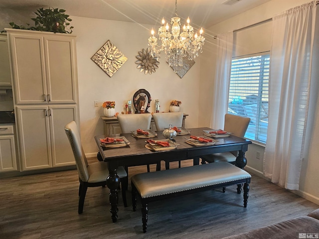 dining area featuring dark wood-type flooring and a notable chandelier