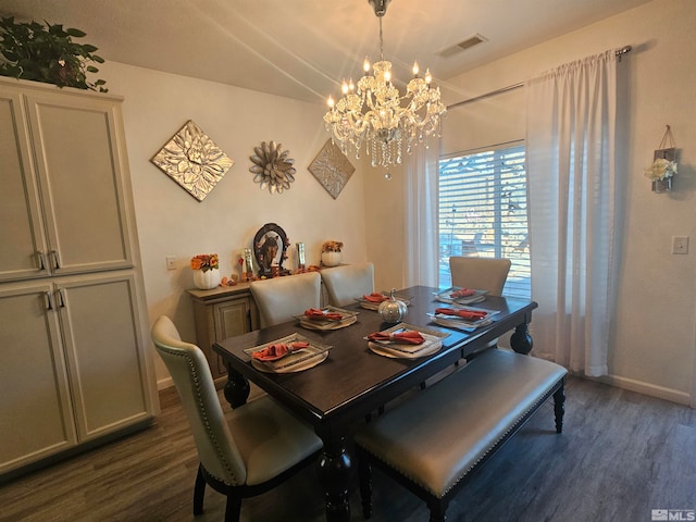 dining area featuring dark wood-type flooring and a chandelier