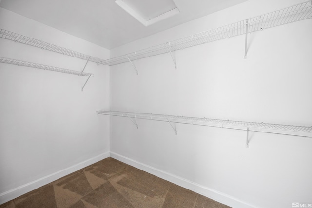 walk in closet featuring dark colored carpet