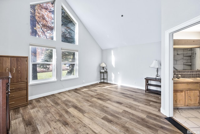 unfurnished living room with high vaulted ceiling and wood-type flooring