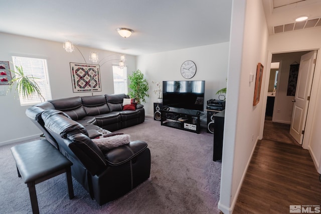 living room with dark wood-type flooring