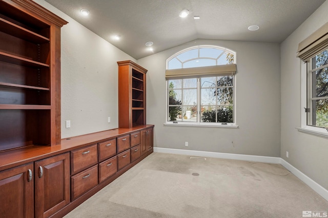 carpeted empty room featuring a wealth of natural light, a textured ceiling, and vaulted ceiling