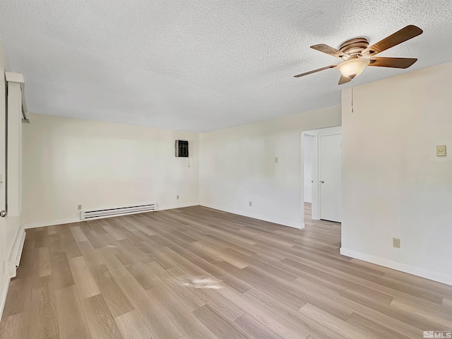 unfurnished room featuring a baseboard heating unit, a textured ceiling, ceiling fan, and light hardwood / wood-style flooring