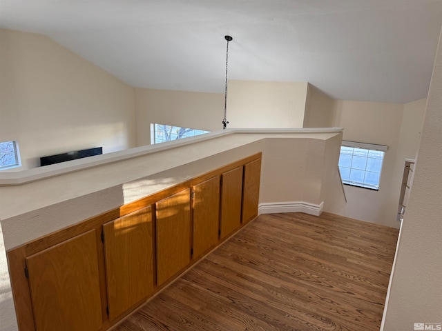 hall featuring hardwood / wood-style flooring, plenty of natural light, and lofted ceiling