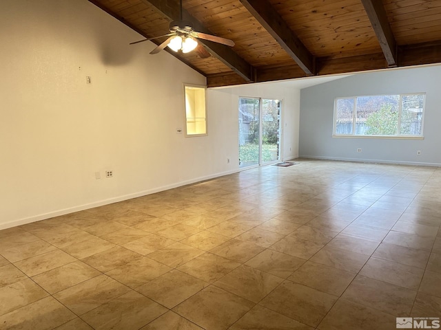 tiled spare room featuring vaulted ceiling with beams, ceiling fan, and wooden ceiling