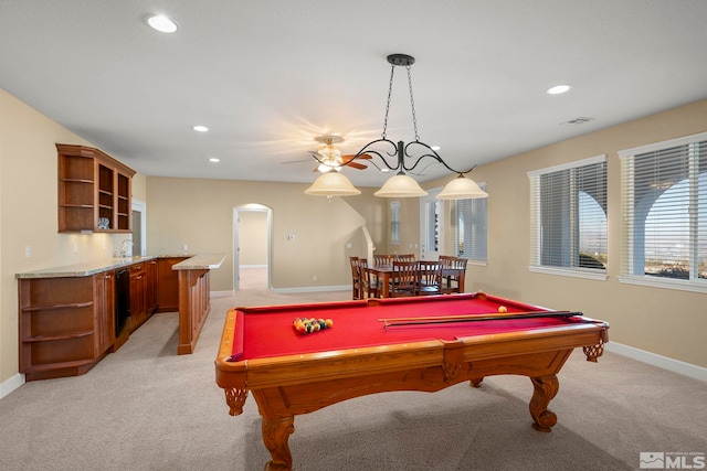 playroom featuring pool table and light carpet