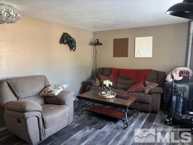 living room with a textured ceiling and dark hardwood / wood-style flooring