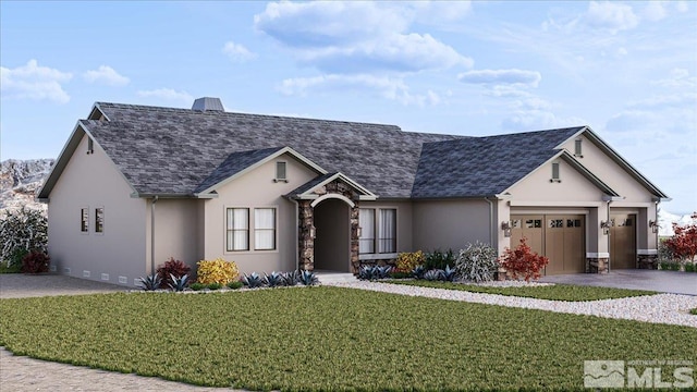 ranch-style house with a garage and a front lawn