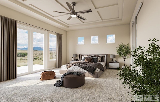 carpeted bedroom with access to outside, coffered ceiling, and ceiling fan