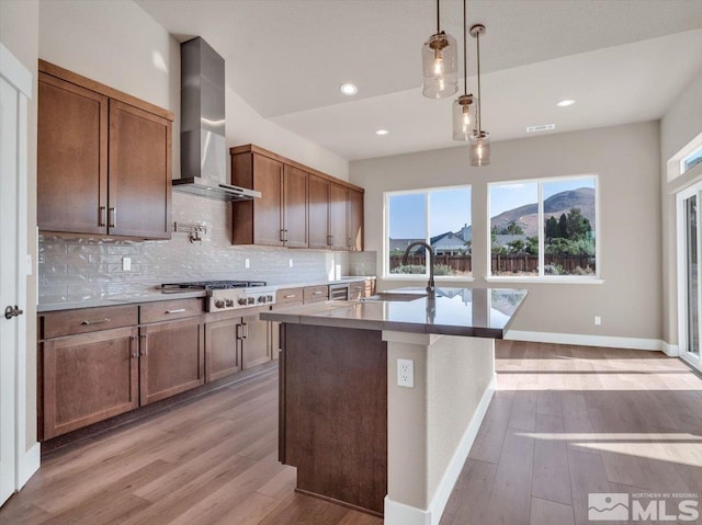 kitchen featuring light hardwood / wood-style floors, stainless steel gas stovetop, wall chimney exhaust hood, and an island with sink