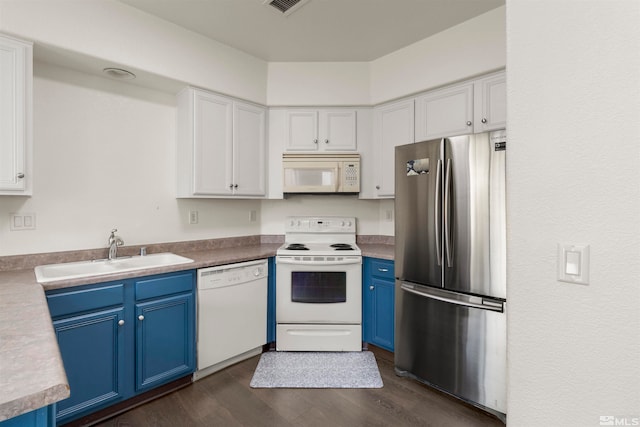 kitchen featuring white cabinets, white appliances, sink, and blue cabinets