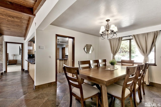 dining room featuring lofted ceiling with beams, ceiling fan with notable chandelier, wooden ceiling, and a textured ceiling