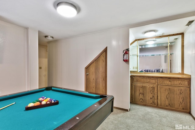 game room with light carpet and billiards