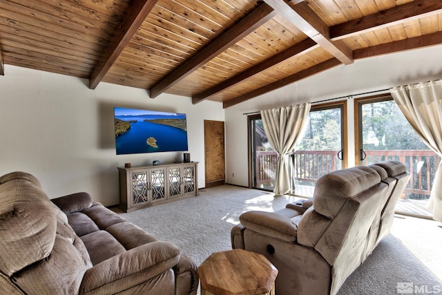 carpeted living room featuring lofted ceiling with beams and wooden ceiling