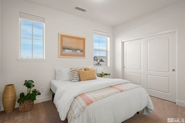 bedroom with carpet flooring, a closet, and multiple windows