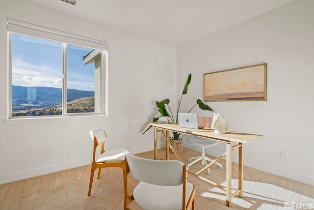 carpeted home office with a mountain view