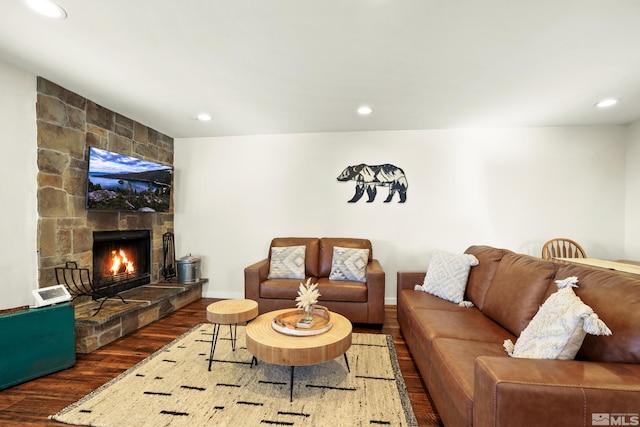 living room featuring a fireplace and dark wood-type flooring