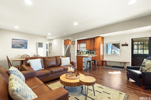 living room with dark wood-type flooring