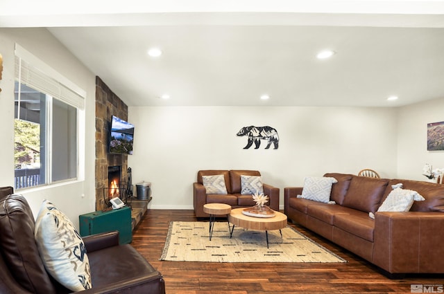 living room with dark hardwood / wood-style floors and a stone fireplace